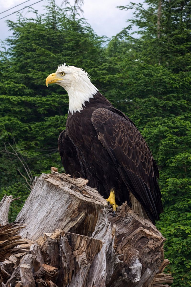 A bald eagle perched on weathered wood against Sitka's evergreen forest